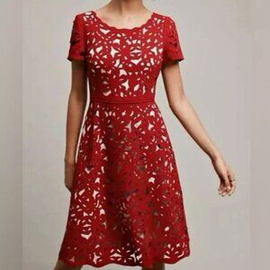 Moulinette Souers Anthropologie Women's Laser Eyelet Cut Dress Red Size 4